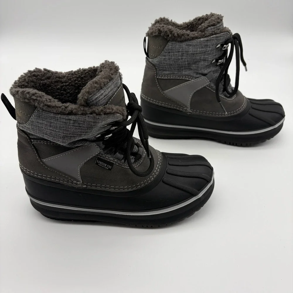 London Fog Croydon Kids Snow Boots Grey Black Faux Fur Lined Size 3 CL30204Y